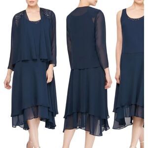 SLNY Beaded Detail Chiffon Tiered Scoop Neck Midi Dress Two Piece Set w/ Jacket